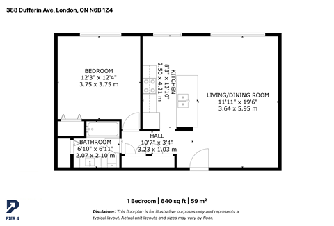 Floor plan for 1 bed, 1 bath